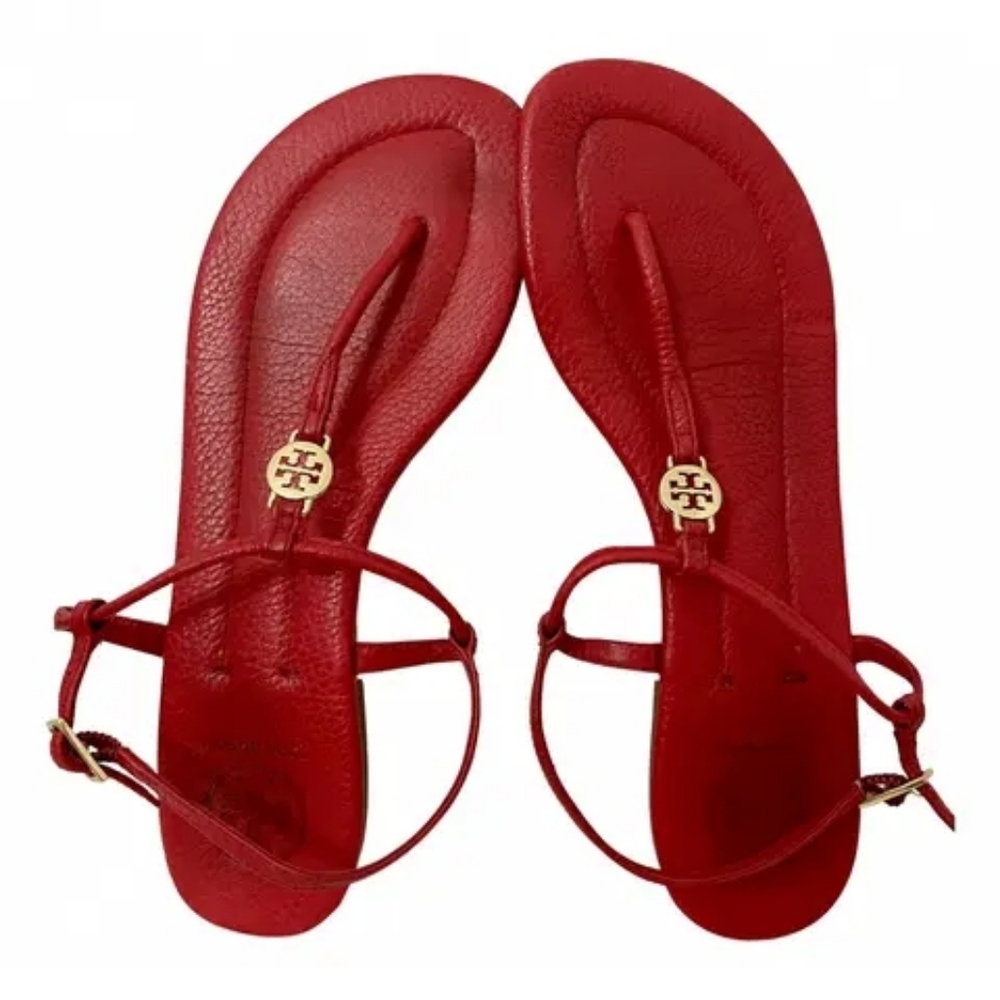 Tory Burch Designer Emmy Red Gold Sandals T Strap 8